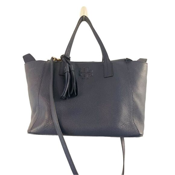 Tory Burch Thea Navy Leather Tote Satchel Purse Women’s Luxury Bag - Picture 3 of 15